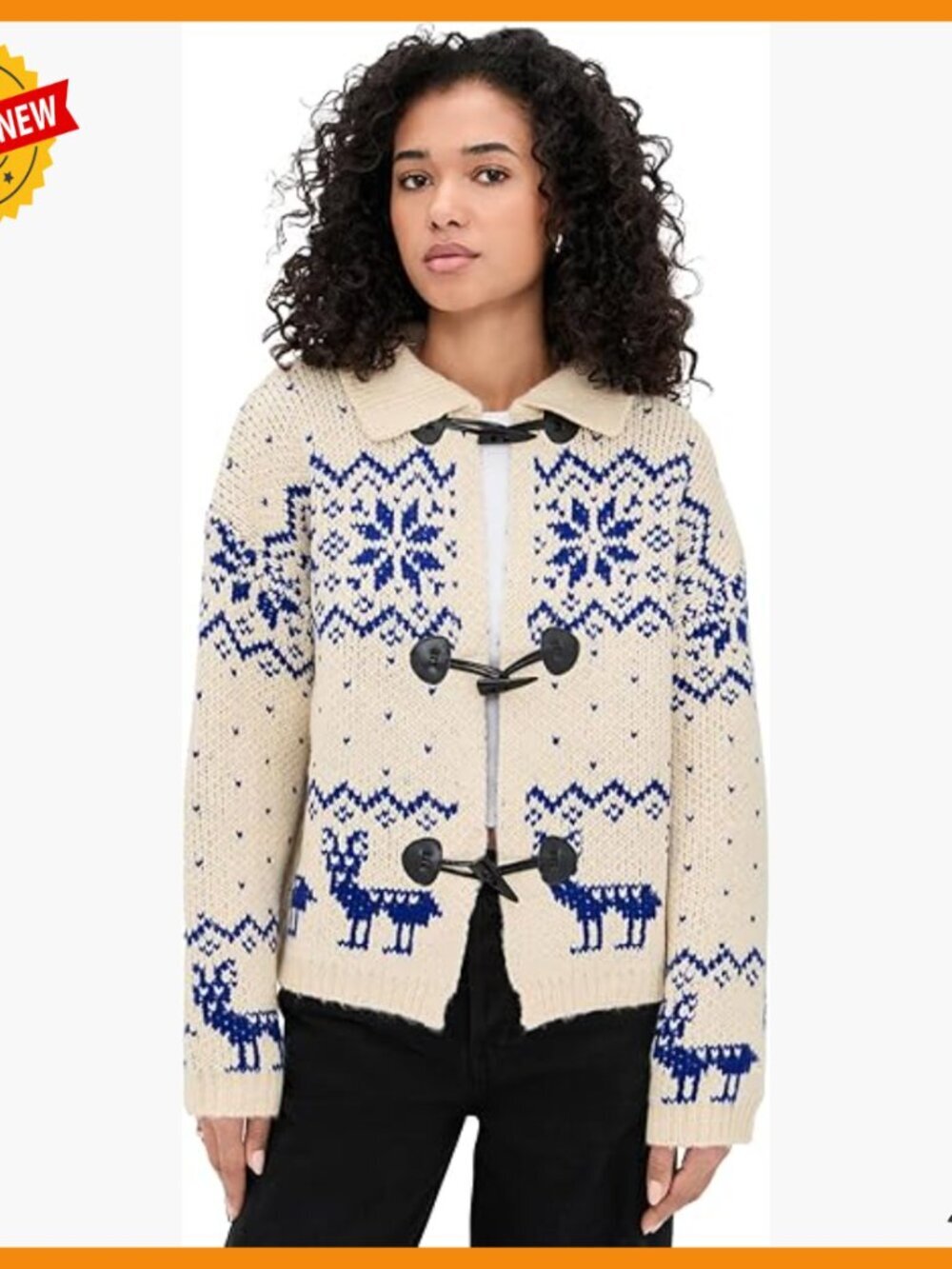 Fair Isle Knit Cardigan with Snowflake Reindeer Graphic Collar